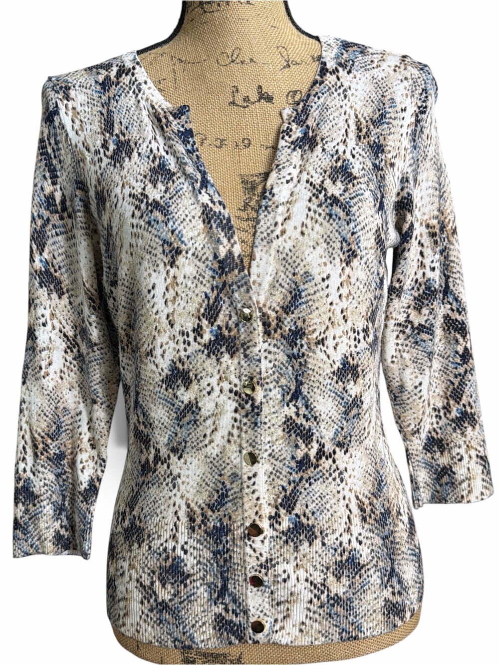 White House Black Market Snake Print Snap Button-Front Top - Beige Blue EC Small
